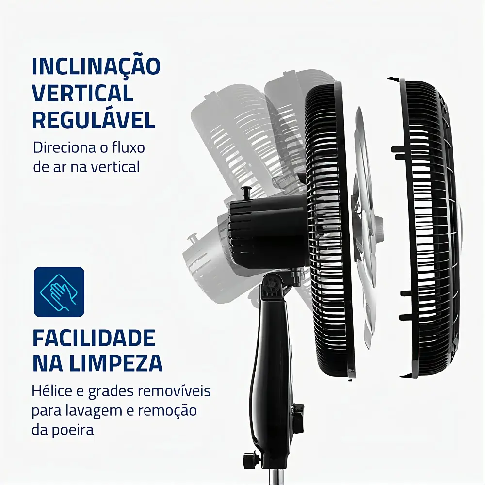 Cabeça do ventilador inclinando na vertical e grade frontal removida