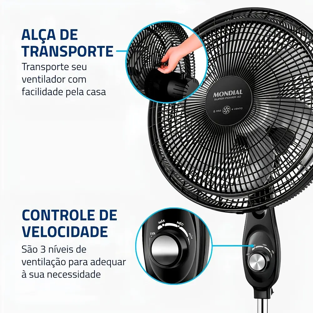 Alça de transporte atrás do motor e seletor de velocidade