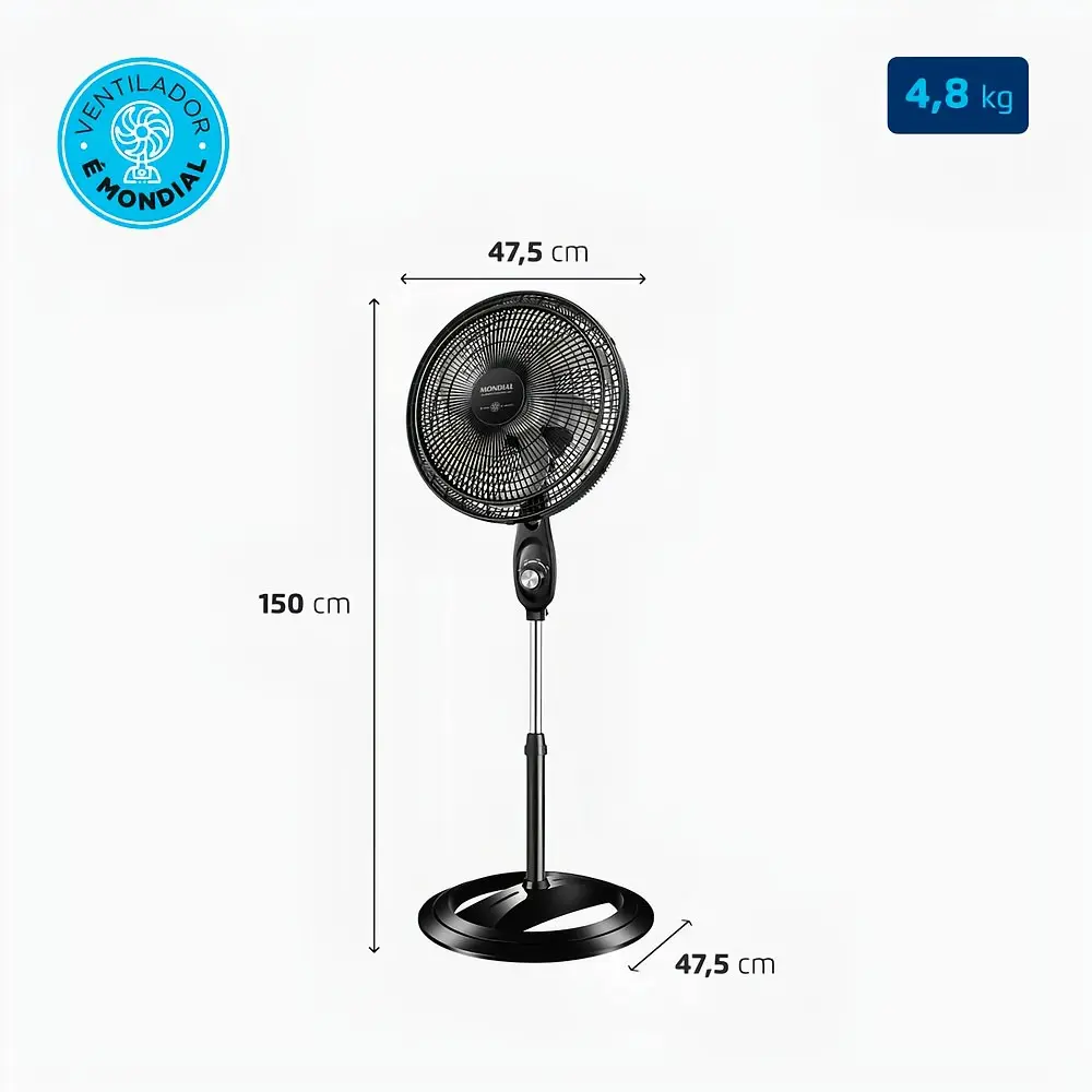 Medidas do ventilador: 150 cm de altura, 47,5 cm de largura e 47,5 cm de base, 4,8 kg